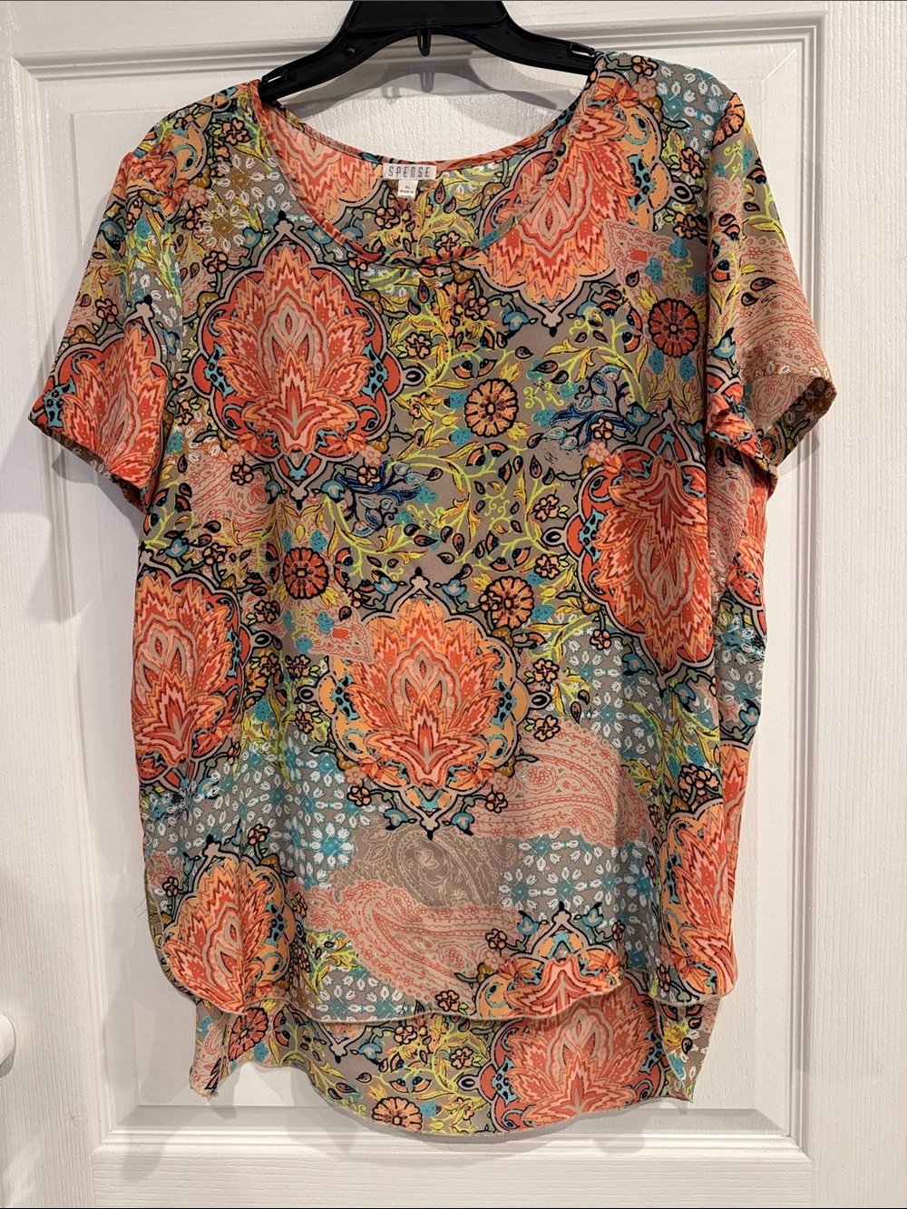 Spense Coral Teal Paisley Short Sleeve Top